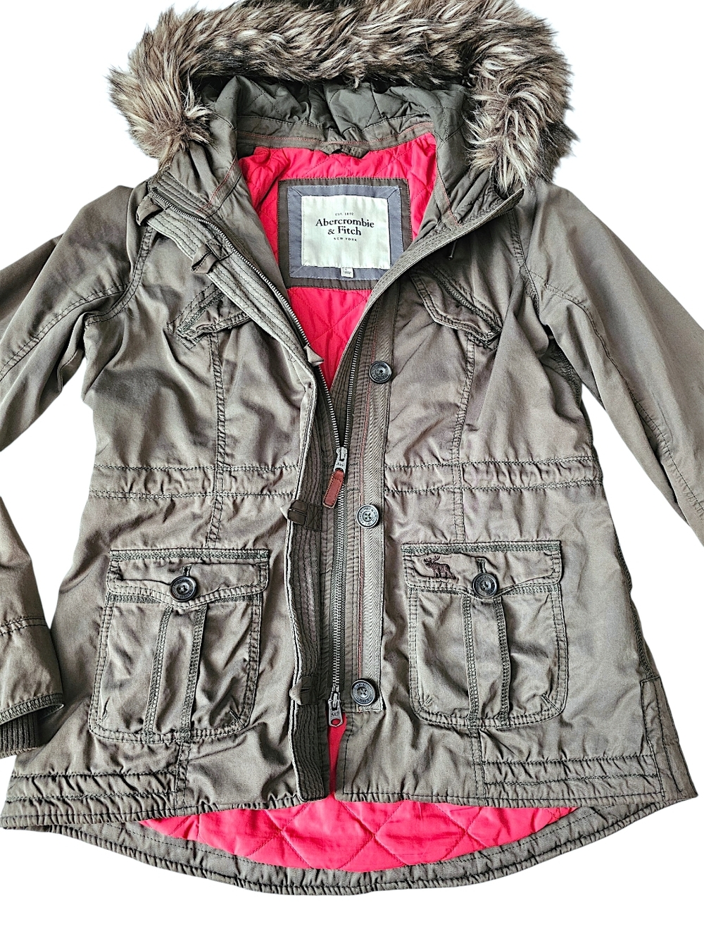 Abercrombie & Fitch Army Green Utility Jacket w/ Faux Fur Hood - Size L - Picture 3 of 14